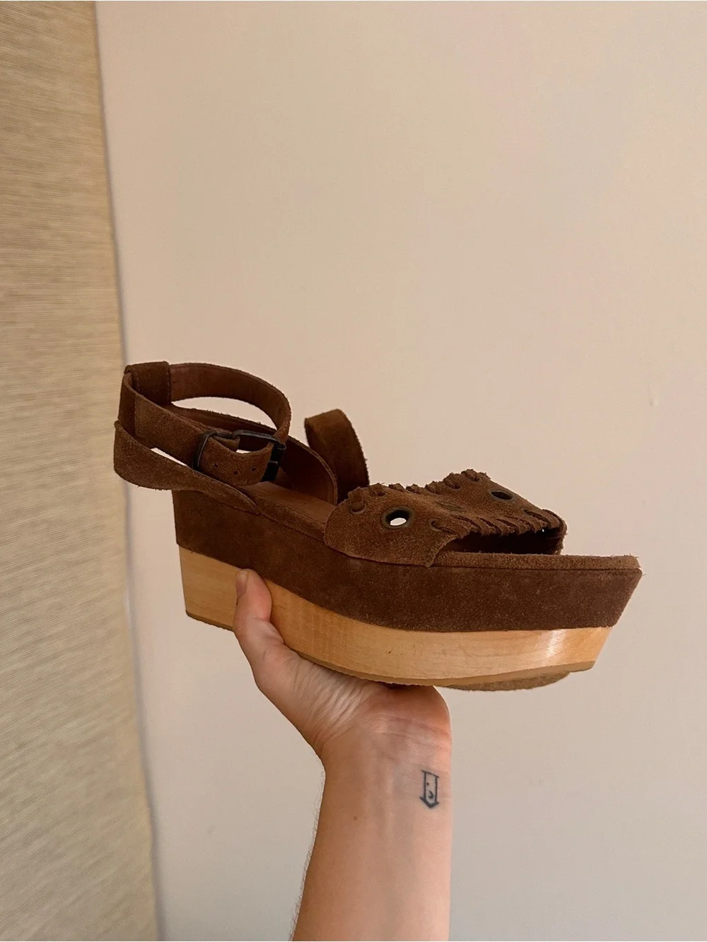 AllSaints Brown Suede‎ Yuki Boho Wooden Platform Sandals (EU 38)